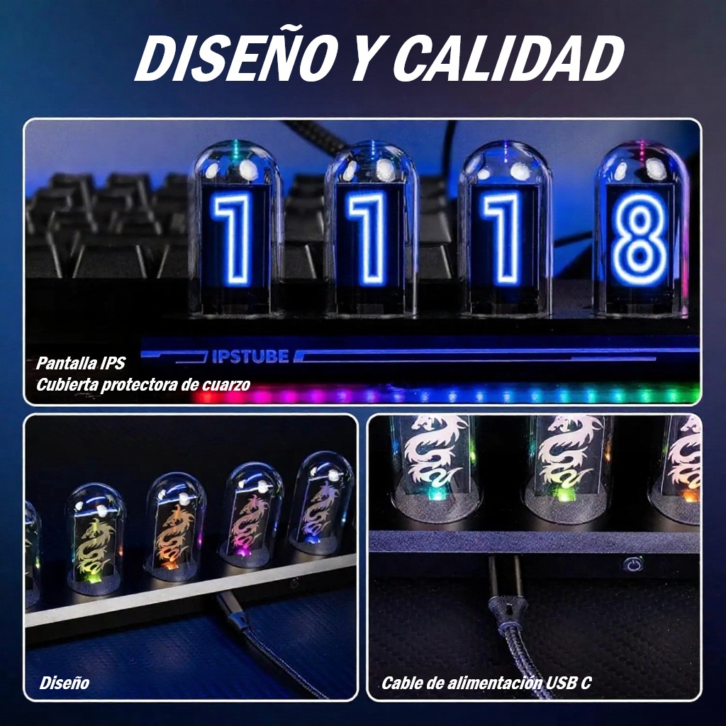Reloj de Tubo Nixie RGB con Pantalla IPS y Alarma USB – Elegancia Retro y Tecnología Moderna - Imagen 5