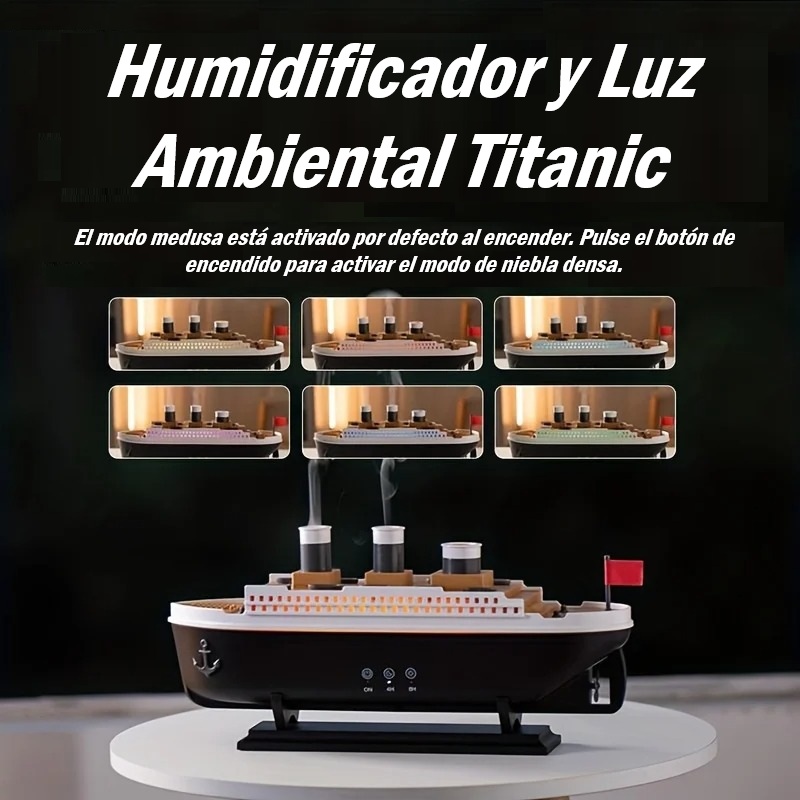Humidificador de Aceites Esenciales en Modelo de Barco Titanic – 250 ml con Efecto Anillo de Humo de Medusas y Luz Ambiental - Imagen 2