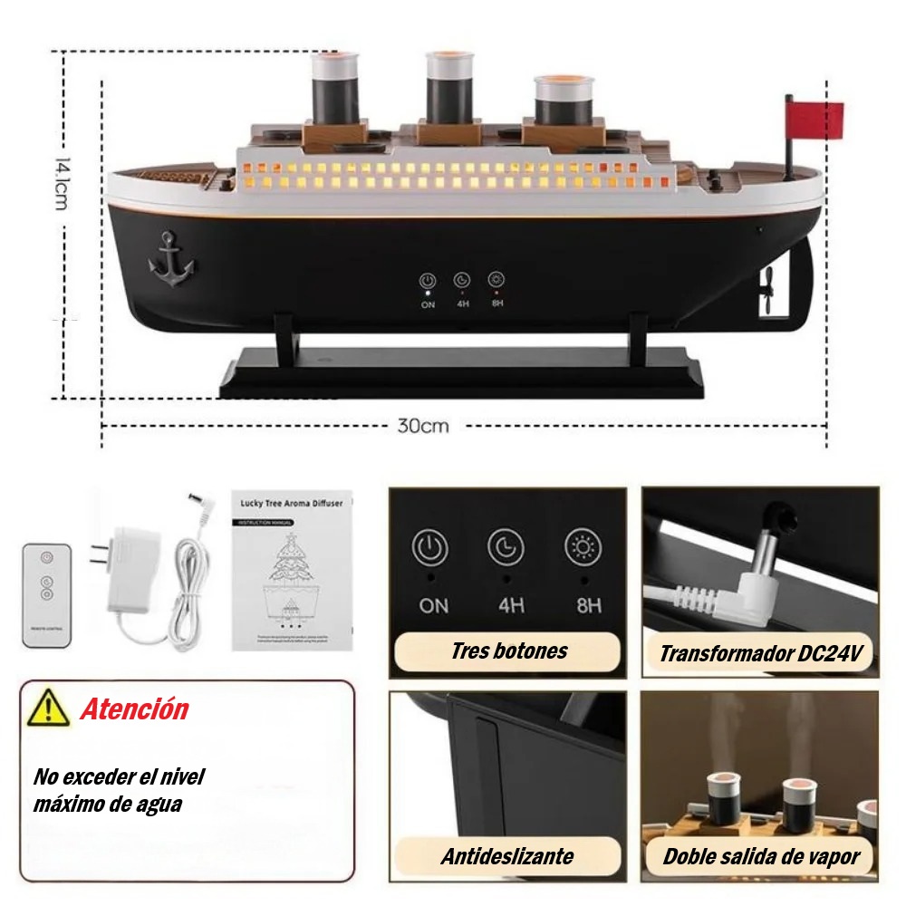 Humidificador de Aceites Esenciales en Modelo de Barco Titanic – 250 ml con Efecto Anillo de Humo de Medusas y Luz Ambiental - Imagen 6