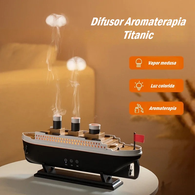 Humidificador de Aceites Esenciales en Modelo de Barco Titanic – 250 ml con Efecto Anillo de Humo de Medusas y Luz Ambiental - Imagen 4