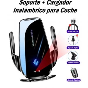Soporte Cargador Inalámbrico para Coche 15 W Automático + Cargador mechero USB tipo C y tipo A