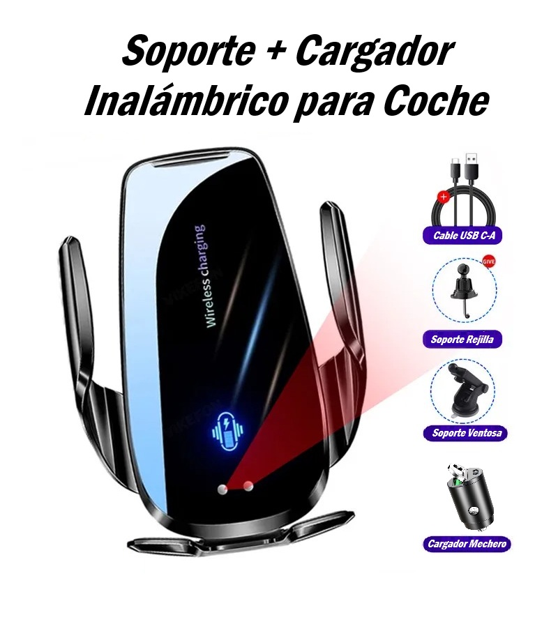 Soporte Cargador Inalámbrico para Coche 15 W Automático + Cargador mechero USB tipo C y tipo A