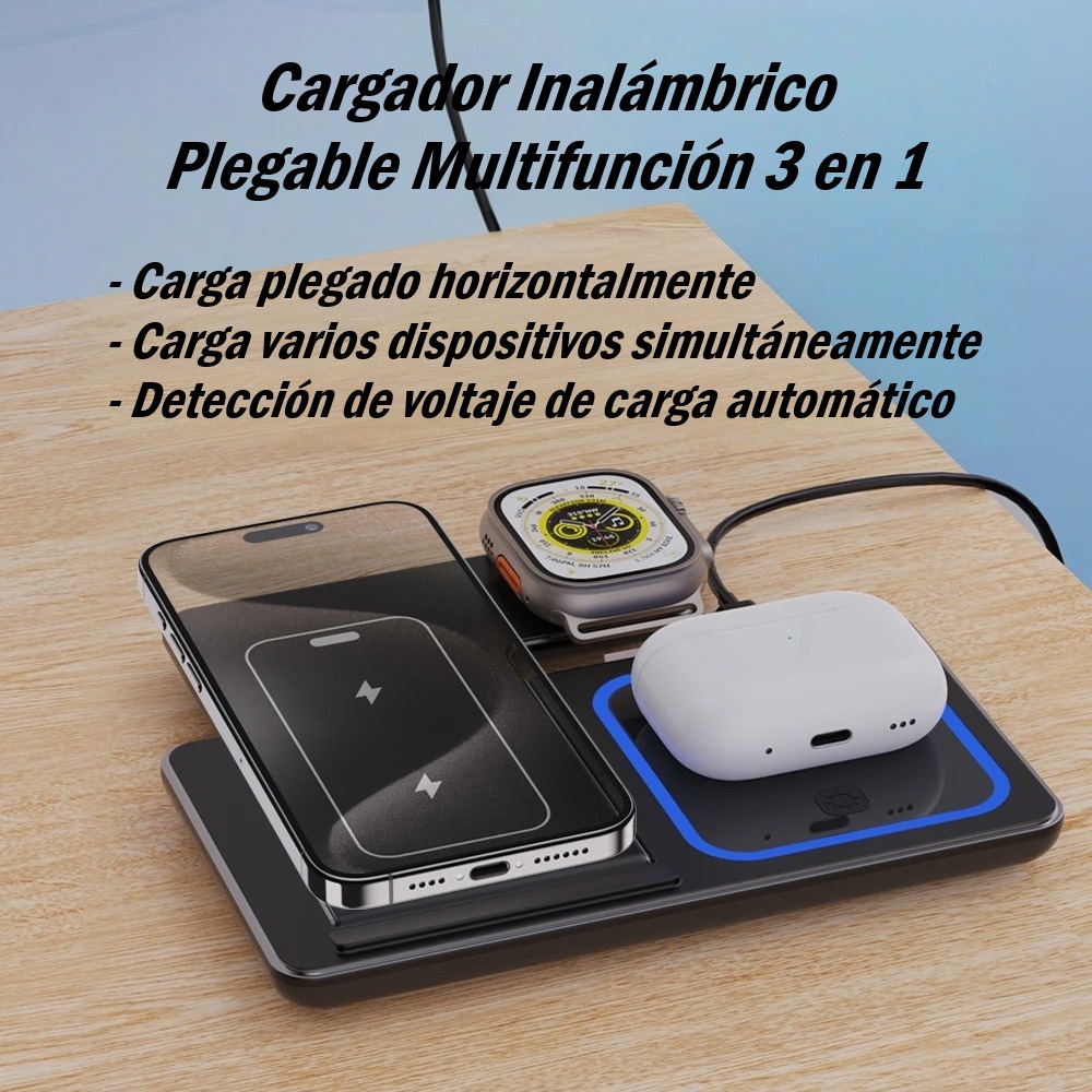 Soporte de Carga Inalámbrica Rápida 30 W 3 en 1 – Estación Plegable con LED para Móvil, Apple Watch y Auriculares - Imagen 2