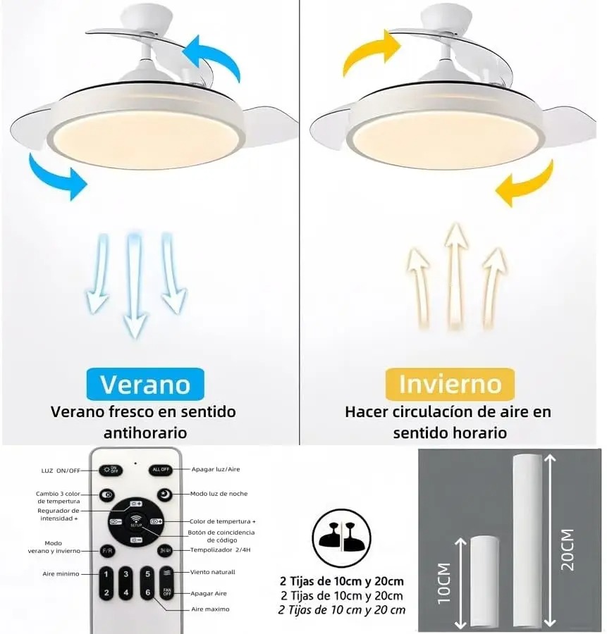 Ventilador de Techo Retráctil con Luz LED – Motor DC Silencioso de 6 Velocidades, CCT Regulable, Control Remoto (Ø 107 cm) - Imagen 4