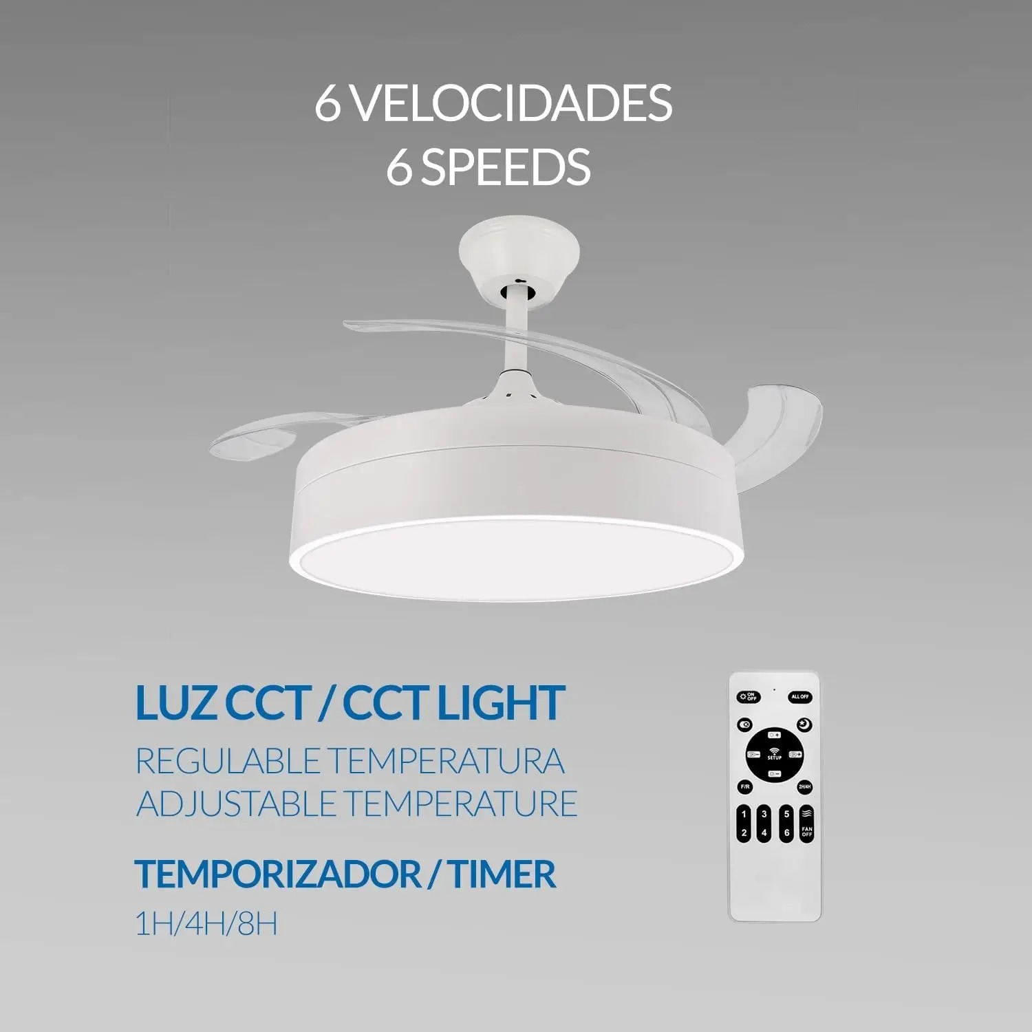 Ventilador de Techo Retráctil con Luz LED – Motor DC Silencioso de 6 Velocidades, CCT Regulable, Control Remoto (Ø 107 cm) - Imagen 2