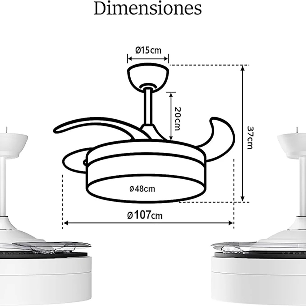 Ventilador de Techo Retráctil con Luz LED – Motor DC Silencioso de 6 Velocidades, CCT Regulable, Control Remoto (Ø 107 cm) - Imagen 5