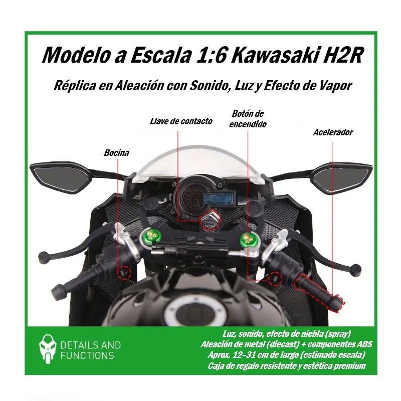Modelo a Escala 1:6 Kawasaki H2R – Réplica en Aleación con Sonido, Luz y Efecto de Vapor - Imagen 2
